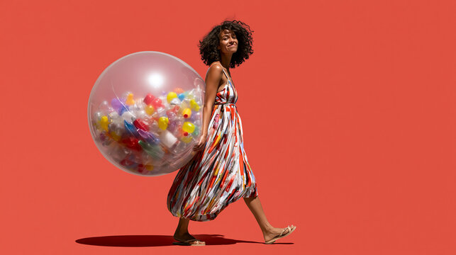 Woman Holding Giant Gumball Machine Sphere Against Red Background