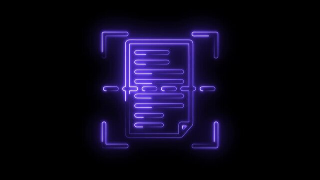 Neon document scan icon glowing purple abstract lines on black background digital technology concept