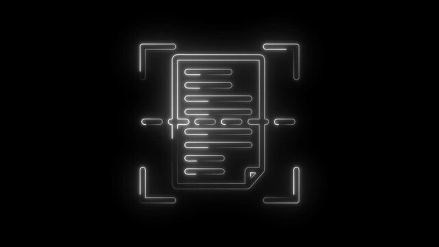 Neon document scan outline with digital frame and data lines abstract technology concept icon