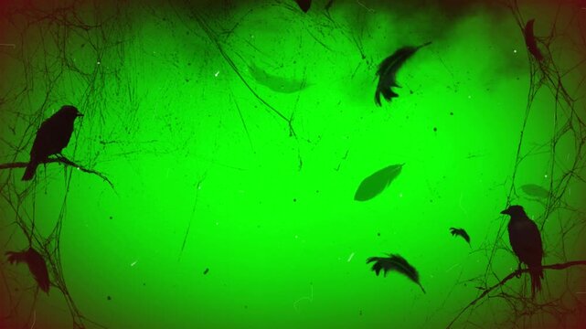 Spooky crow silhouettes perched on gnarly branches over vibrant green background with floating feathers and dark ink splatters for halloween themes with bird silhouettes resting