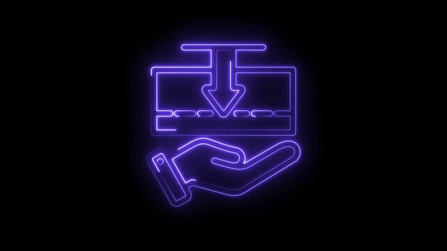 Neon purple credit card insertion into hand icon with downward arrow glowing on black background