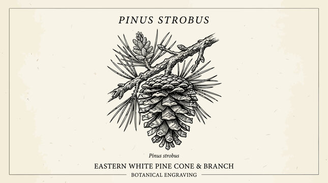 Vintage botanical engraving of Eastern White Pine cone and needle branch for scientific and artistic nature design