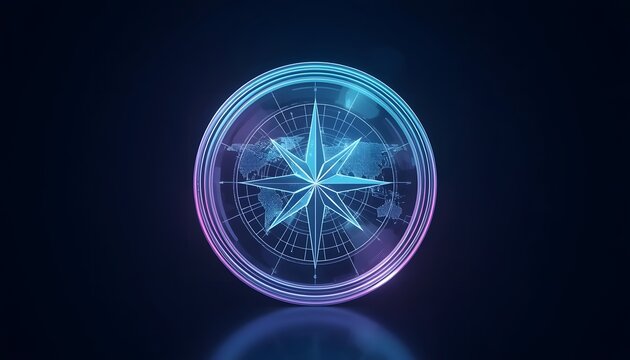Glowing blue compass with starburst on transparent glass