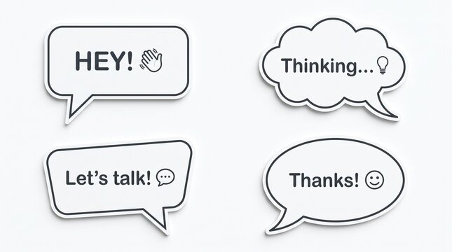 Set of four speech bubbles with text and icons including hey with hand wave thinking with lightbulb lets talk with chat bubble and thanks with smiley face for communication design