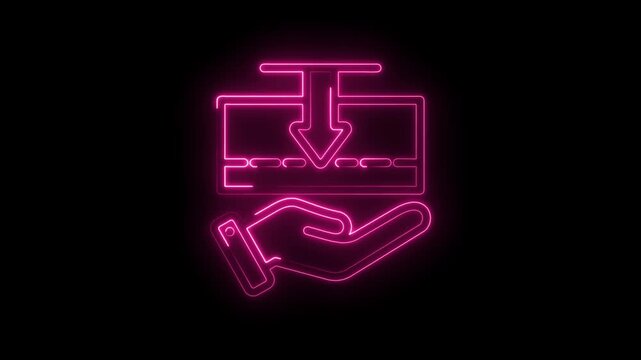 Neon pink credit card insertion into hand icon animation on black background financial