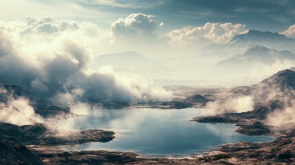 Fototapeta premium Aerial View of Misty Mountain Lake Surrounded by Clouds