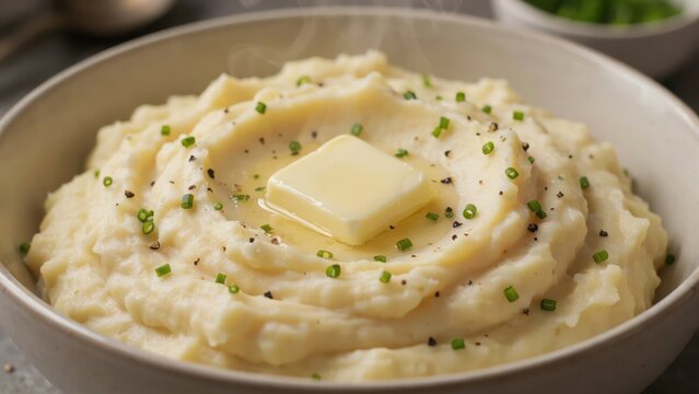 Creamy mashed potatoes in a bowl with melting butter and fresh herbs