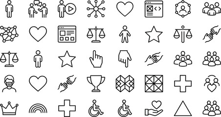 Fototapeta premium Social Welfare and Community Support Icon Set with Justice Scales, Healthcare Crosses, Inclusive Care, and Charity Symbols Vector Line Illustration