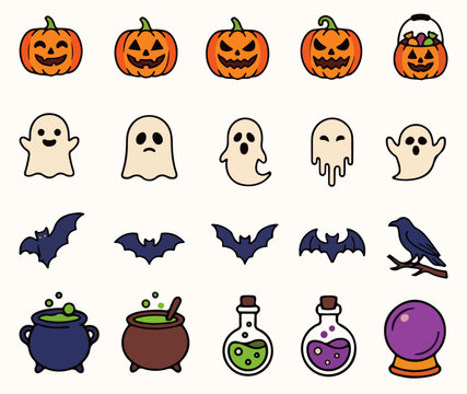 Cute Halloween Icon Set Illustration with Jack-o-Lantern Pumpkins, Spooky Ghosts, Flying Bats, and Magic Potions