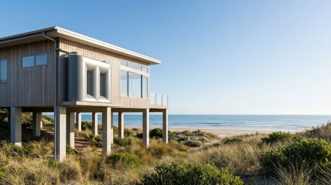 A modern wooden beach house on stilts overlooking a sandy ocean beach with dunes and clear blue sky, featuring a visible rainwater tank.