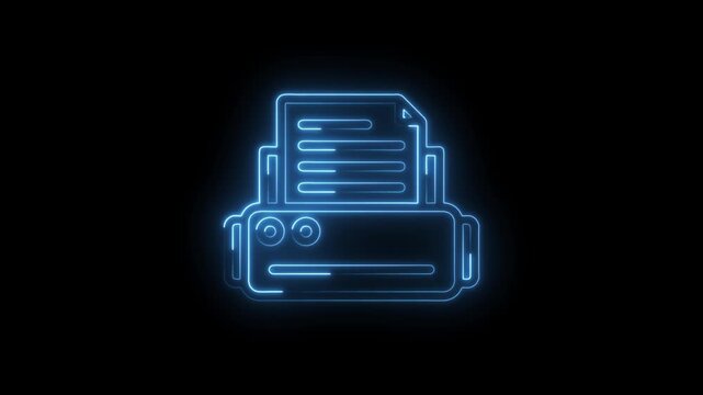 Blue neon outline of a printer with paper emerging from the top and buttons on the front icon