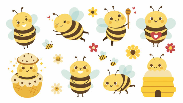A collection of cheerful bee illustrations with floral elements and honeycomb in a colorful vector style bees