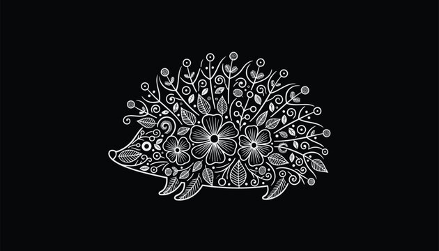 Adorable little hedgehog silhouette decorated with highly detailed hand-drawn white floral line art on black background.