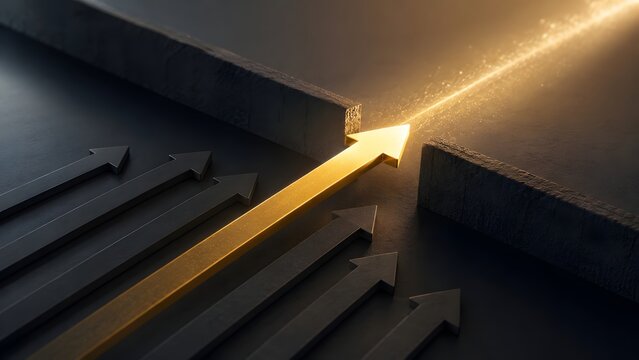 Glowing golden arrow breaking through a dark barrier leaving black arrows behind representing breakthrough success and business innovation