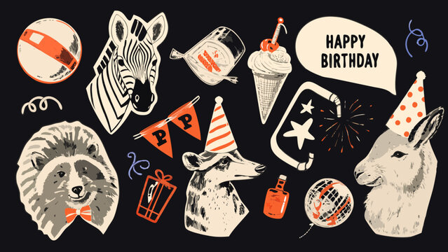 Animal collage illustration featuring a zebra raccoon donkey and birthday party elements on a black background head