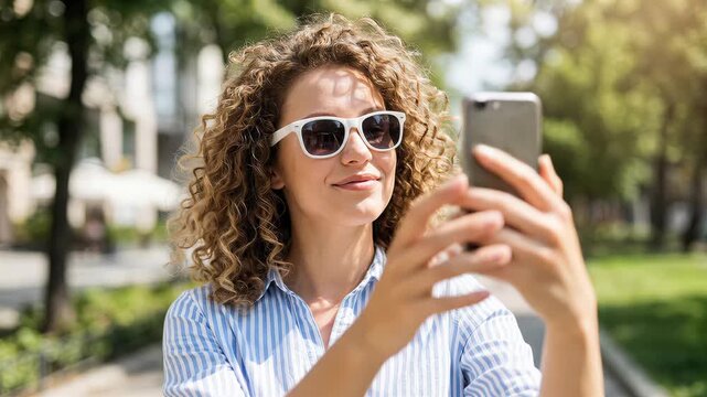 Woman is taking selfies in bright park while smiling. She stands on path surrounded by green trees and sunlight. Concept of social media, outdoor fun, lifestyle