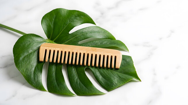 Wooden bamboo comb on green monstera leaf over white marble background for sustainable beauty and hair care branding