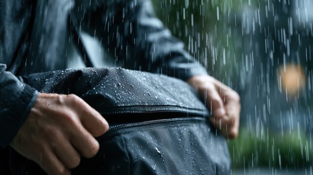 Closeup of an uned thermal delivery bag being zipped by wet hands with heavy rain in a blurred background