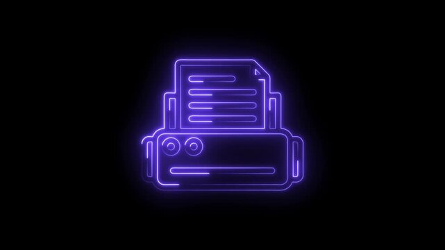 Neon printer icon glowing purple on black background abstract digital technology concept for