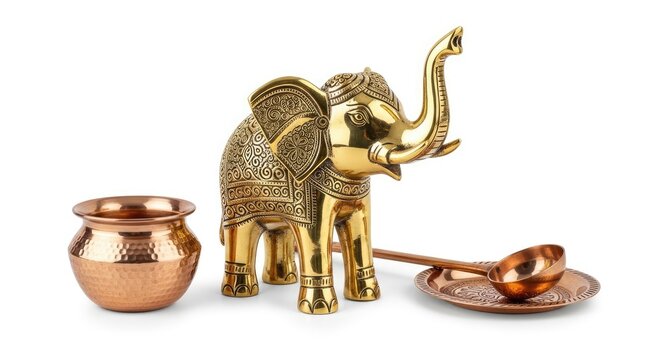 A golden elephant statue stands on a black surface, accompanied by two copper pots and a copper tray. The elephant is intricately decorated with detailed patterns.