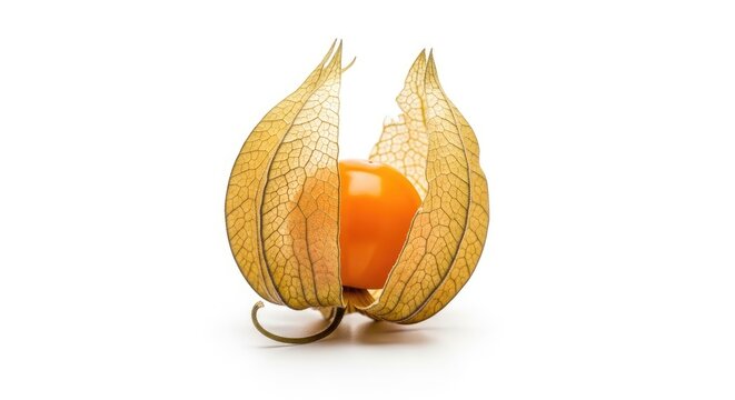 A golden berry, also known as a cape gooseberry, is displayed against a white background. The fruit&rsquo;s papery, intricately patterned leaves are partially open, revealing a vibrant orange berry inside.
