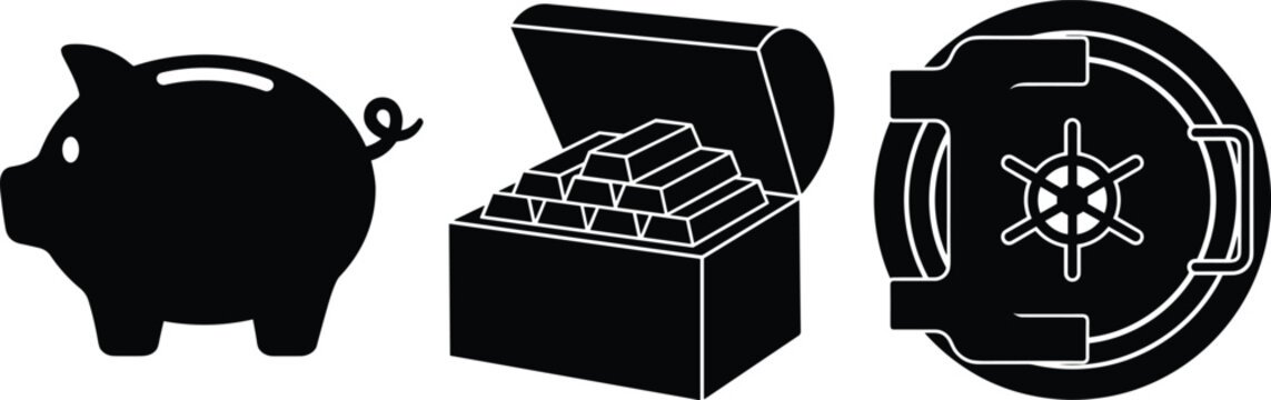 Finance and savings icon set featuring a black piggy bank, treasure chest, and bank vault door vector