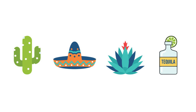 Set of four mexican culture icons featuring a green cactus, orange sombrero, agave plant, and a bottle of tequila with a lime.