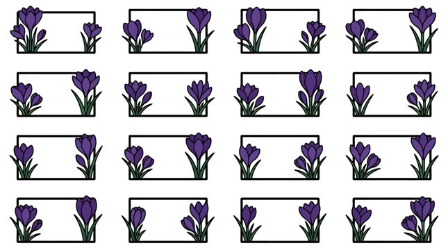 Set of purple crocus flower border frames.