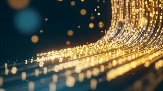 Abstract golden digital data stream with binary code flowing in a tunnel