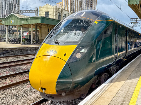Cardiff, Wales, UK - 14 May 2026: Class 800 high speed train at Platform 2 of Cardiff Central railway station. The train is operated by Great Western Railway GWR.
