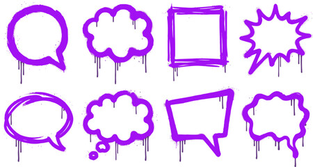 Purple graffiti speech bubbles set with spray paint drips, urban street art chat icons, 8 vector comic cloud frames for social media and design © Dr Nadeem