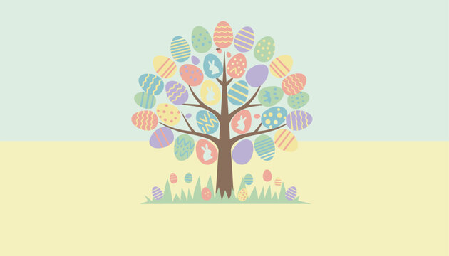 Beautiful easter tree illustration where the leaves are replaced with colorful decorated easter eggs.