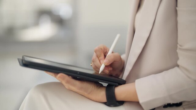 Close-up of a professional using a digital tablet and stylus to review information and manage workflow. Perfect for business planning, digital documentation, remote work, productivity, paperless offic