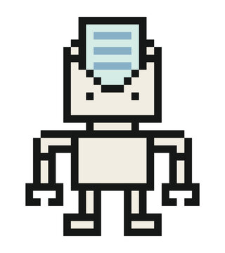 Communication robot ai chat bot or cybog with artificial intelligence pixe art cartoon.