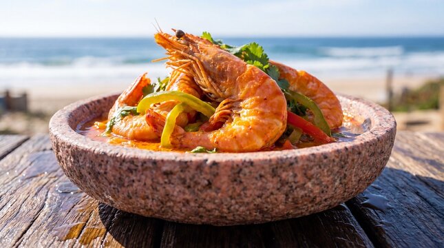 Brazilian Shrimp Stew dish featuring jumbo prawns in coconut milk and dende oil broth with colorful bell peppers