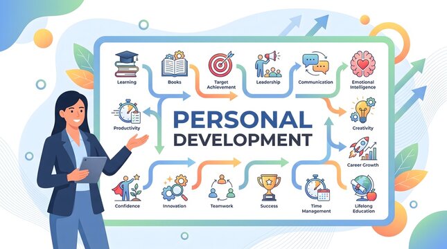 Personal Development Roadmap Infographic with Skill Building, Leadership and Lifelong Learning for Career Success