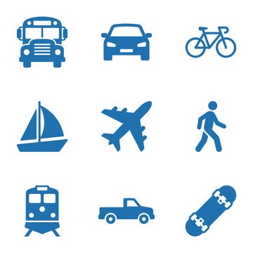 Collection of blue transportation icons including a school bus, car, bicycle, sailboat, airplane, person walking, train, pickup truck, and skateboard