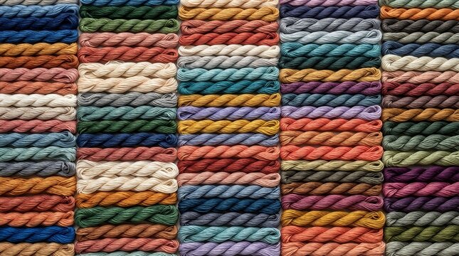Assorted Colorful Skeins of Yarn Arranged in a Structured Grid Pattern for Textile Crafting and Knitting Projects