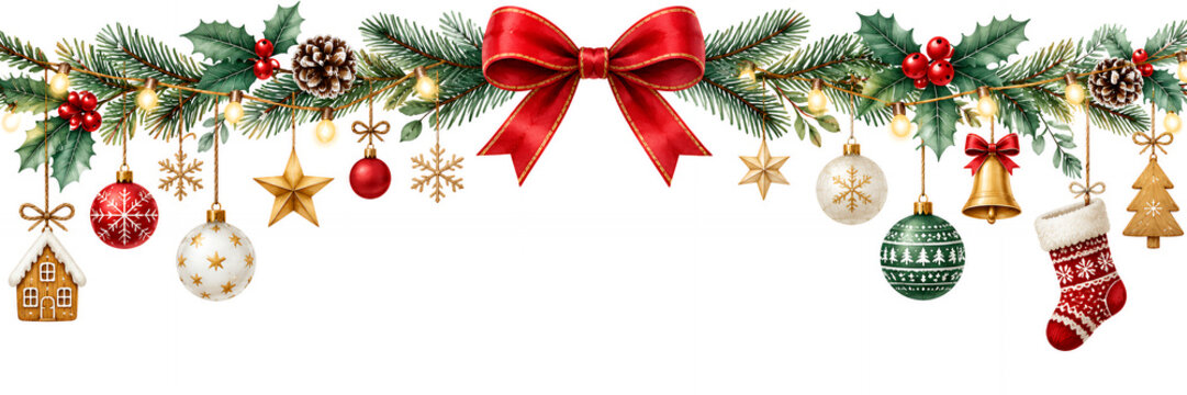 赤いリボンとオーナメントが彩るクリスマスガーランド タイトル装飾素材
