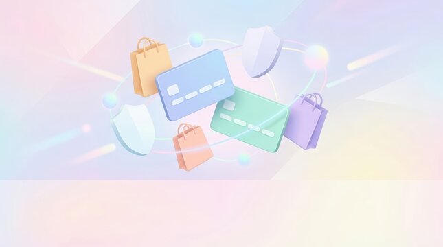 Floating credit cards and shopping bags with security shields in pastel colors