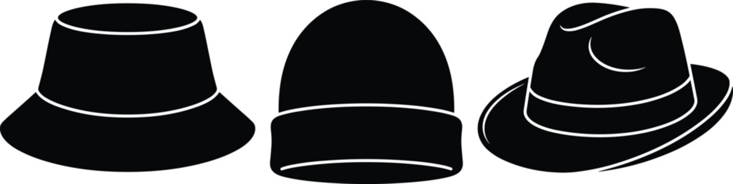 Hats and caps icon set featuring black silhouettes of a bucket hat beanie and fedora vector illustration