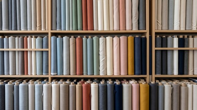 Multicolor Fabric Rolls On Wooden Shelves In Atelier Textile Shop Craft Studio Tailor Workshop