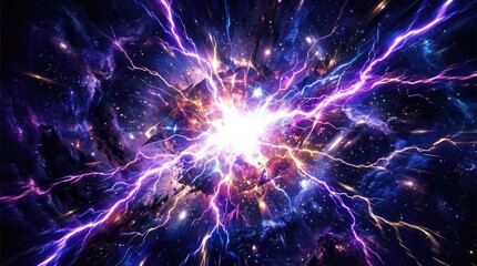 Fototapeta premium Abstract background featuring a brilliant central explosion of purple electric lightning bolts and glowing energy particles