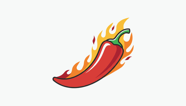 Spicy red chili pepper surrounded by vibrant orange and yellow flames, signifying extreme heat and hot flavor, on a plain background.