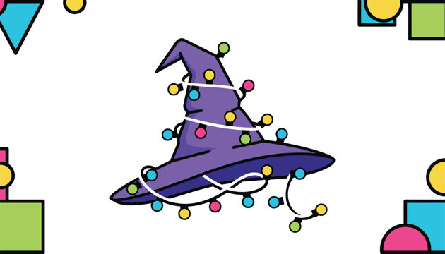 Purple witch hat wrapped in a string of glowing colorful Christmas lights, blending Halloween and festive holiday themes together.