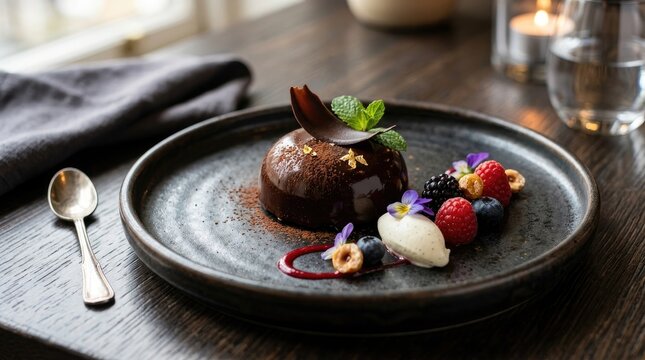 A dark chocolate lava cake sits on a gray ceramic plate, garnished with fresh berries, mint leaves, and a scoop of vanilla ice cream. A silver spoon rests beside the dessert.