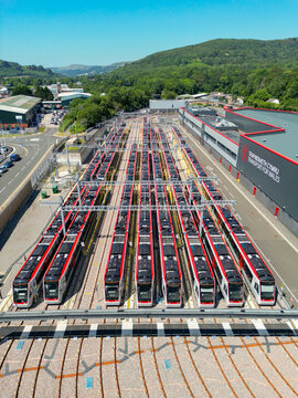 Taffs Well, Rhondda Cynon Taf, Wales, UK - 15 July 2026: Aerial view of the Transport for Wales train depot at Taffs Well for Class 398 Citylink tram trains