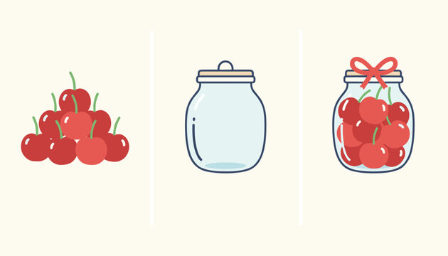 Three-step illustration showing fresh red cherries, an empty glass jar, and a jar filled with delicious cherry jam tied with a bow.