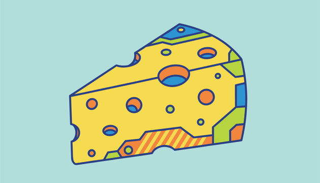 Slice of swiss cheese stylized with futuristic electronic circuits and neon blue, green, and orange tech lines on a light teal background.