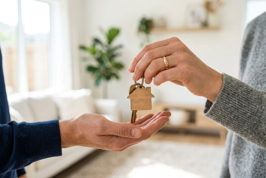 Close up of real estate agent hand handing over house keys with home shaped keychain to new property owner in bright living room background